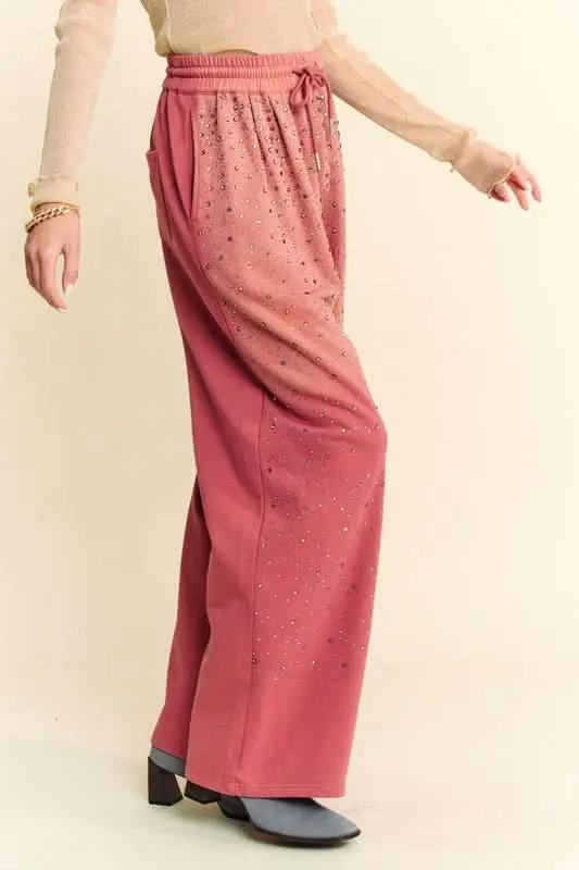 Glamorous Rhinestone-Embellished Wide Leg Pants with Adjustable Drawstring - Love Salve